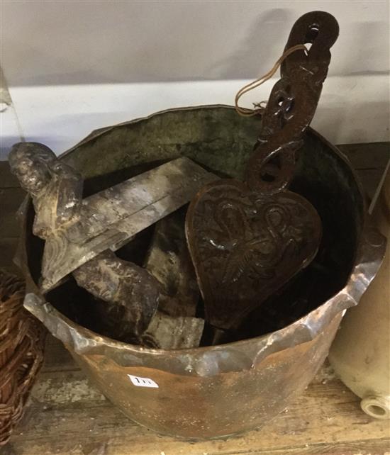 Pair of carved wood dragon handled bellows , and a pair of iron fire dogs